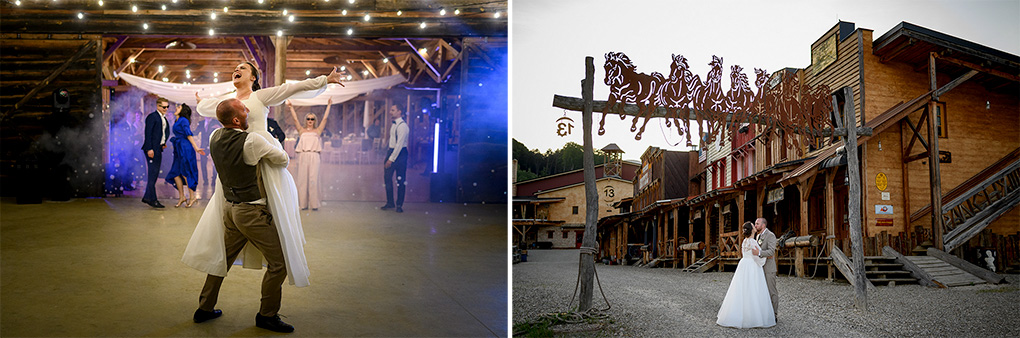 Diptych: Ženích dvíha nevestu pri tanci v stodole a ich spoločný bozk pod bránou vo westernovom areáli Ranch 13.