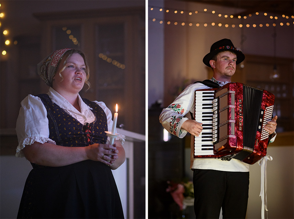 Koláž speváčky zo súboru a harmonikára sprevádzajúceho polnočné čepčenie.