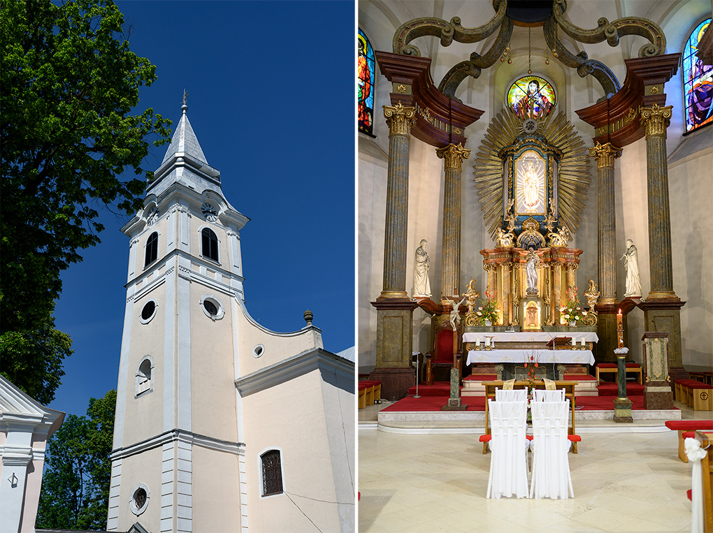Exteriér a hlavný oltár Pútnického farského kostola sv. Jakuba staršieho v Dubnici nad Váhom.