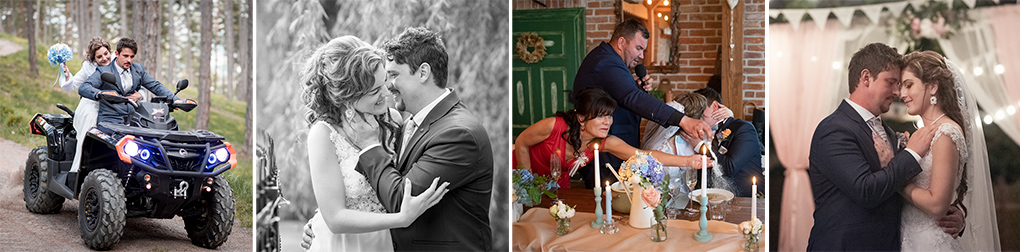 Koláž svadobných fotiek s portrétmi na štvorkolke, v Bojniciach a zábavou v Stodole Lubianka