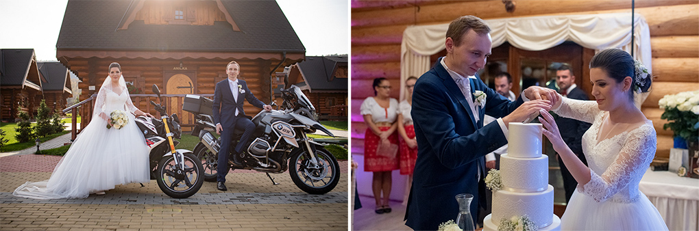 Koláž novomanželov pri motorke pred drevenicami a spoločné krájanie bielej svadobnej torty.