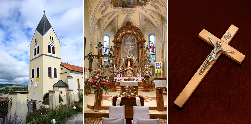 Interiér Farského kostola v Trenčíne počas svadobného obradu.