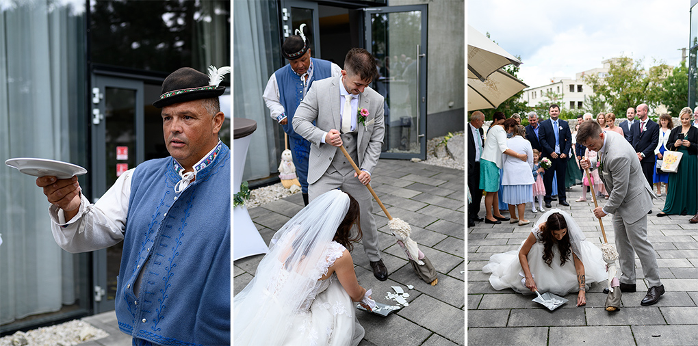 Rozbíjanie taniera pre šťastie v sále Madonna Mia.