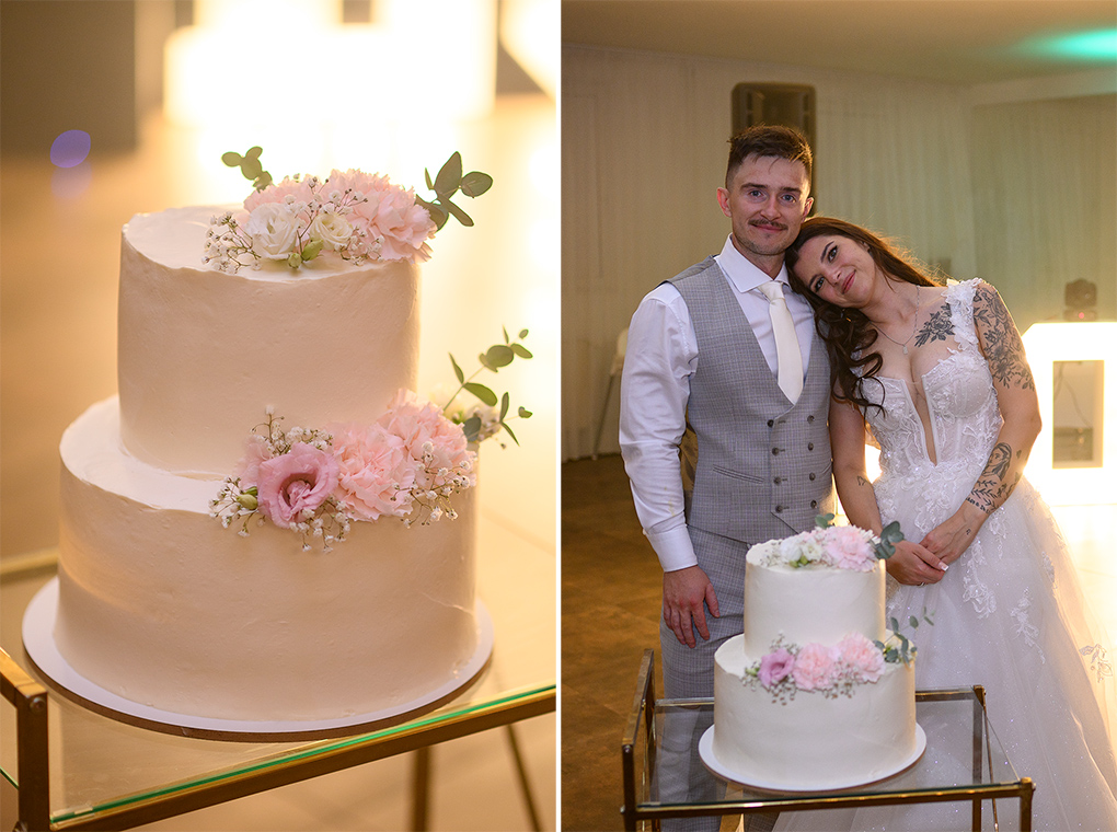 Krájanie poschodovej torty v sále Madonna Mia.