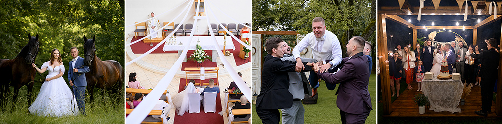 Koláž svadobných fotografií s koňmi, obradom v Partizánskom a večernou párty v Stodole Lubianka