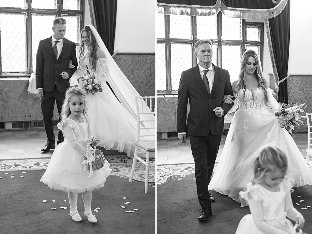 Príchod nevesty s otcom Nevesta prichádza na obrad v sprievode otca a družičky.