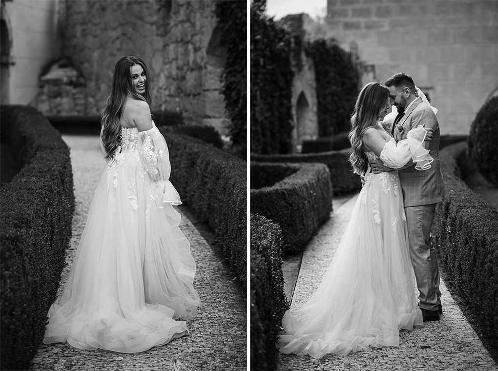 Pár v areáli Zábery nevesty a ženícha v areáli zámku.