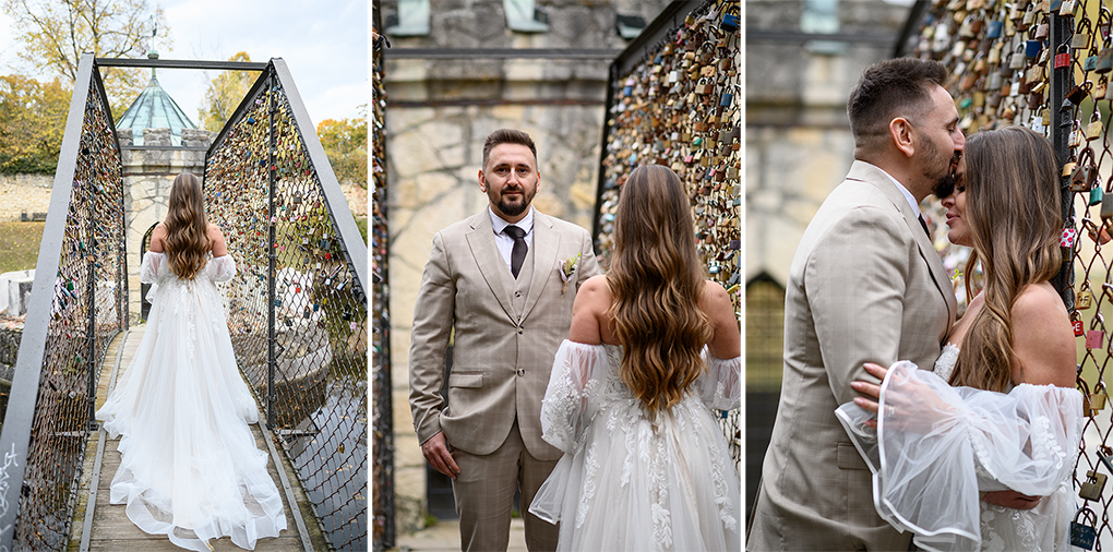 Most lásky Pár pri zámkoch na moste, svadobné portréty Bojnice.