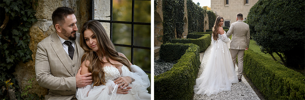 Svadobný pár sedí pri kamennom okne a kráča v zelenom zámockom parku.