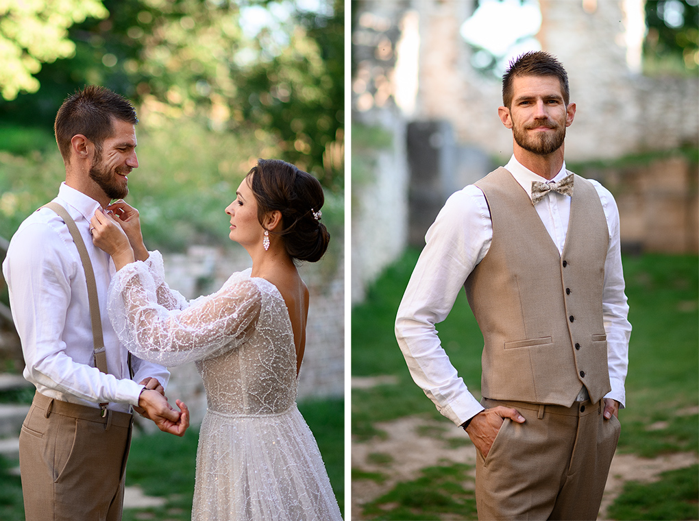 Nevesta upravuje ženíchovi motýlika počas svadobných príprav v areáli Katarínky.