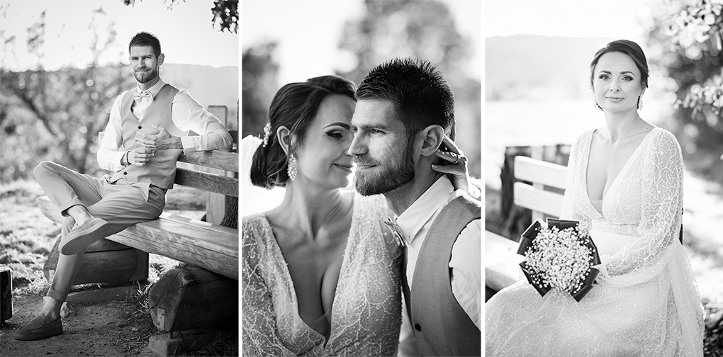 Čiernobiely svadobný triptych portrétov z areálu kláštora Katarínka.