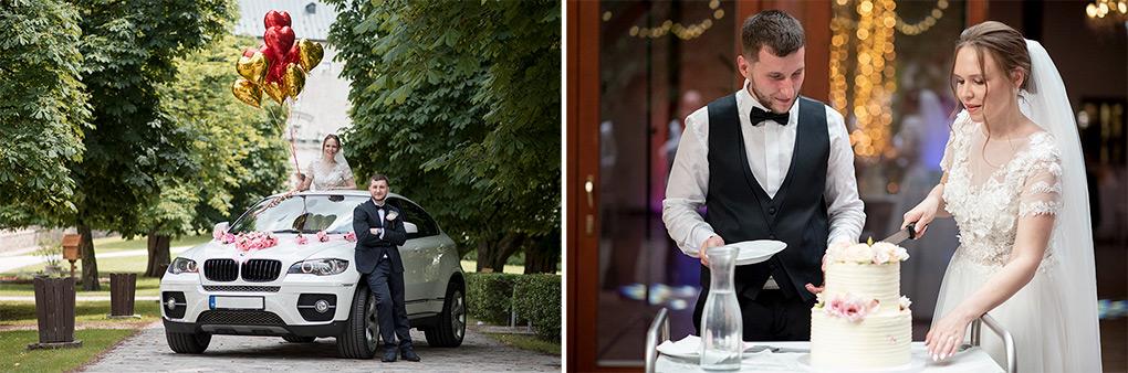 Koláž novomanželov pri bielom aute a krájania svadobnej torty v Modre.